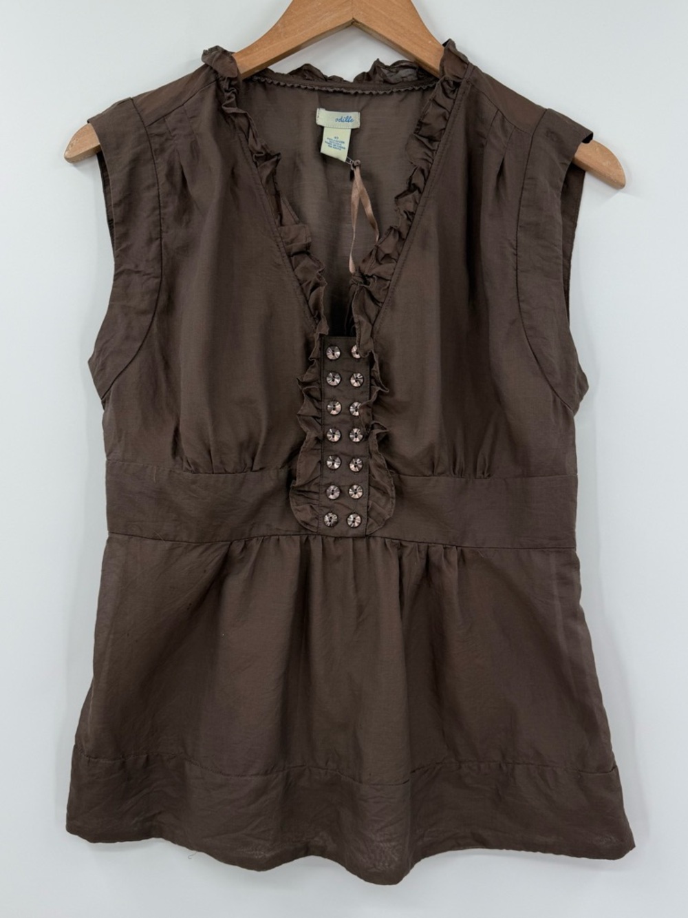 ✦ Anthropologie Odille Y2K Silk Cotton Button Ruffle Top | Brown | 10